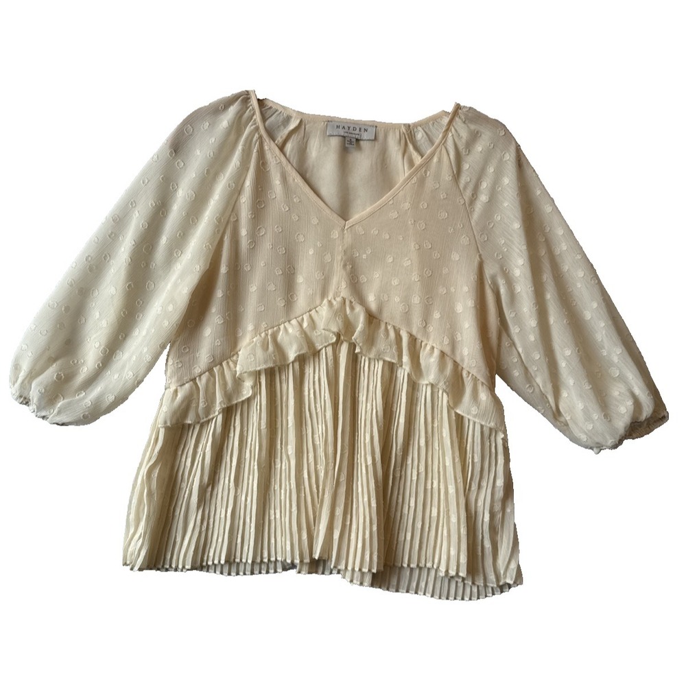 Hayden Sheer Cream Swiss Dot Plisse' Pleated Ruffle V Neck Peplum Top S Coquette